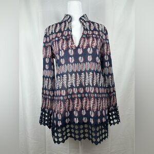 Tory Burch Fern Tunic Top Size 4 Navy Blue Crochet Cotton